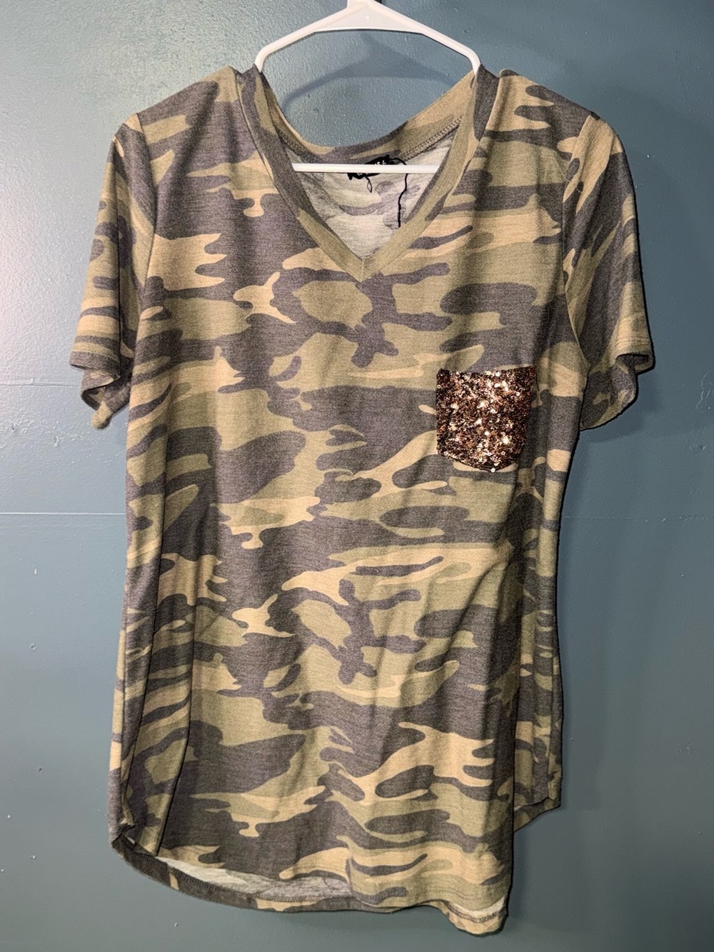 Neighborhood Green and Gray Camo Tee with Subtle Sequin Pocket